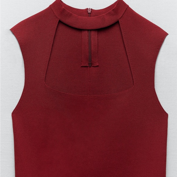 Zara Wine Burgundy Red Knit Cutout Square Neck Stretchy Top NWT - Picture 6 of 9